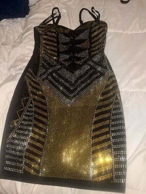 Bisou Bisou Black and Gold Studded Mini Dress